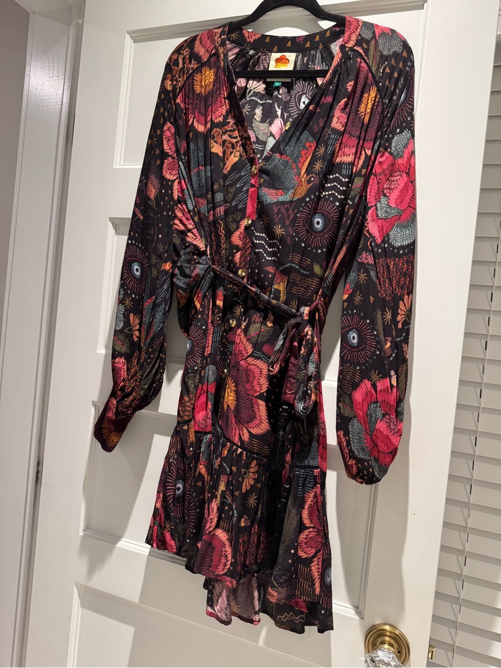 FARM Rio Black Mini Wrap Dress with dark Floral Motif